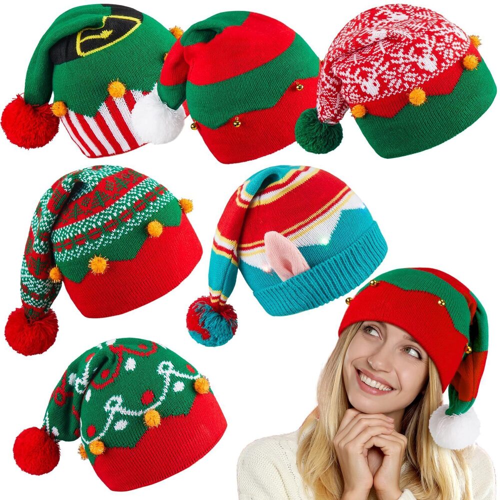 9986 6 Pcs Christmas Knitted Elf Hats Bulk Crochet Santa Hats Adults